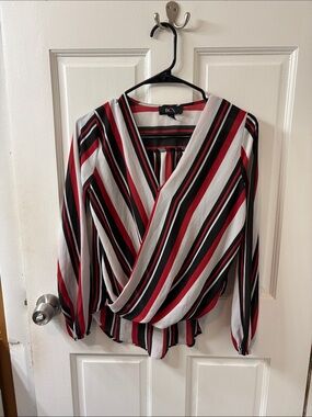 BCX Red Black and White Striped Surplice Blouse